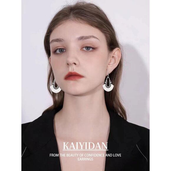 Silver Fan Dangle Boho Dangle Statement Vintage Dainty Earring for Women - Picture 6 of 9